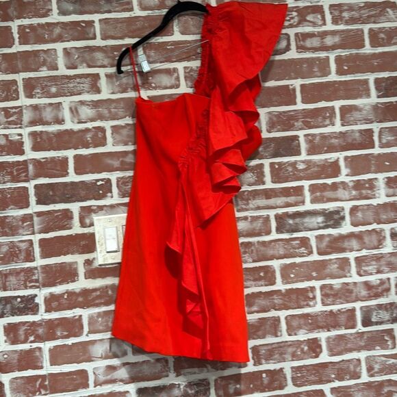Cinq A Sept Adrie One Shoulder Ruffle Red Mini Cocktail Dress Size 4 EUC - Picture 2 of 9